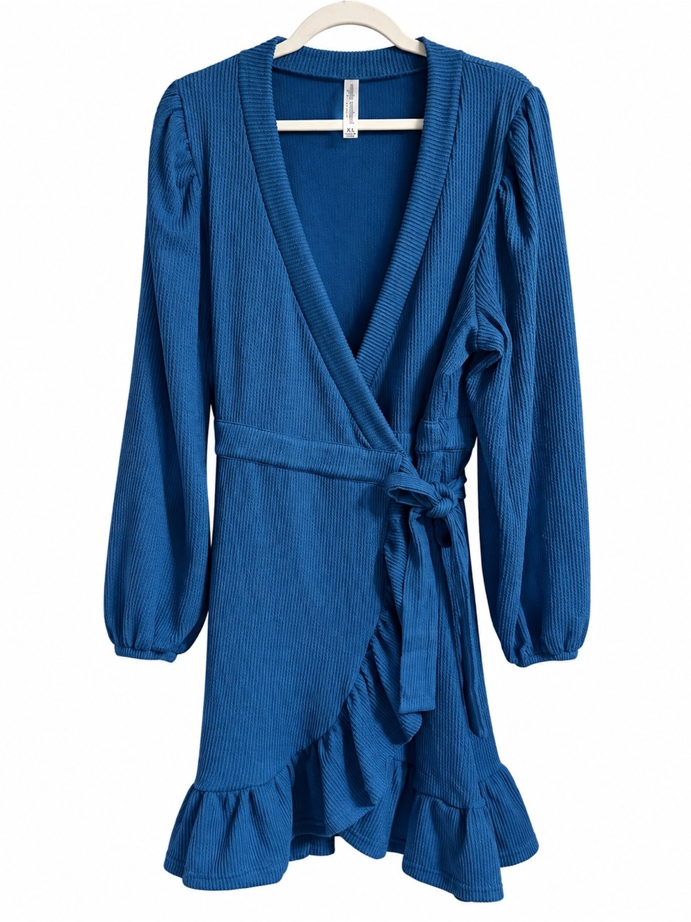 Simply Southern Blue Ribbed Wrap Dress Ruffle Hem Long Sleeve XL